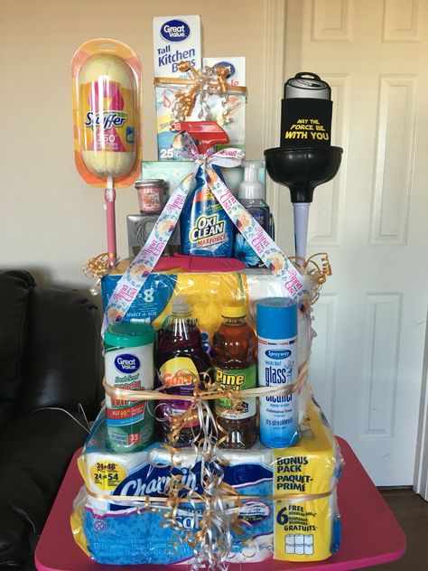 House warming gift with some personal touches for the couple. You can never go wrong with cleaning supplies, toilet paper, and paper towels House Warming Gift Ideas, Tricky Tray, Raffle Ideas, Auction Baskets, Raffle Basket, Housewarming Gift Baskets, Raffle Baskets, A Gift Basket, Diy Gift Baskets