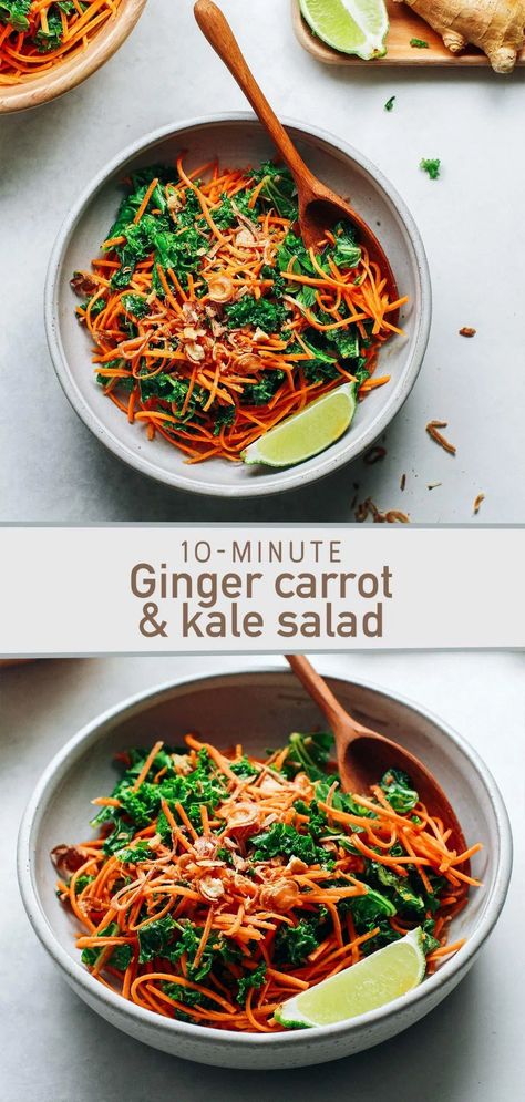 Kale And Carrots Recipes, Side Veggies, Carrot Dishes, Kale Slaw, Carrot Salad Recipes, Veggie Recipe, Carrot Slaw, Kale Salad Recipes, Yummy Salads