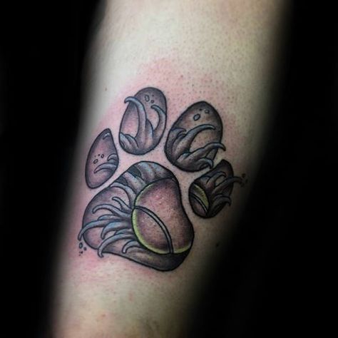 Tennis Ball And Fur 3d Dog Paw Male Arm Tattoo Tennis Ball Tattoo Dog, Tennis Ball Tattoo, Dog Paw Tattoo Ideas, Paw Tattoo Ideas, Ball Tattoo, Pawprint Tattoo, Dog Paw Tattoo, Paw Tattoo, 3d Dog