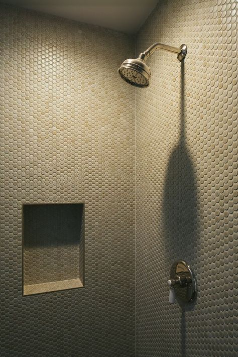 Photo 15 of 49 in The Fleur House by Hearth Homes Interiors - Dwell Penny Tile Shower Floor, Penny Tiles Bathroom, Taupe Bathroom, Penny Mosaic, Penny Tile Floors, Ceramic Tile Floor, Tub To Shower Conversion, Master Bath And Closet, Bedrosians Tile