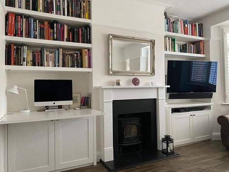 Desk In Alcove Spaces, Sitting Room With Desk Ideas, Built In Shelves With Fold Out Desk, Alcove Office Desk Areas, Alcove Hidden Desk, Desk Built Into Alcove, Desk Alcove Ideas, Desk In Alcove, Alcove Desk Ideas