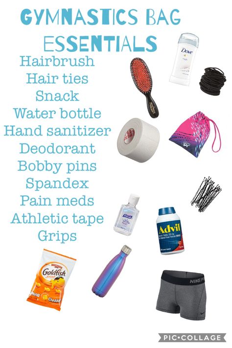 Everything you need for gymnastics Dance Essentials Bags, Gymnastics Bag Essentials, Sports Bag Essentials, Gymnastics Gear, Gymnastics Lessons, Gymnastics Stuff, Gymnastics Bags, Gym Hair, Gym Bag Essentials