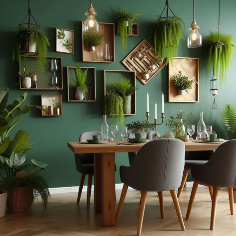 Plant Wall Dining Room, Living Room Design Green, Stylish Living Room Ideas, Pine Wood Furniture, Dining Room Colour Schemes, Cozy Scandinavian, Green Dining Room, Dark Green Walls, Scandinavian Designs