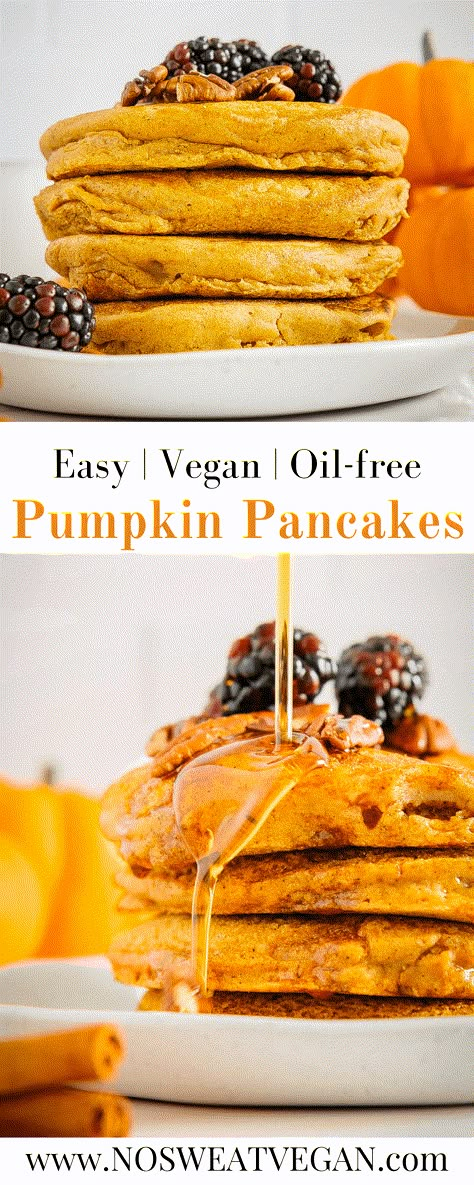 Vegan Pumpkin Pancakes (Oil-free WFPB) These Vegan Pumpkin Pancakes are light, fluffy, and full of fall spices. Serve as your big Sunday brunch or batch cook and freeze for easy breakfasts throughout the week. Top with maple syrup, pecans, and berries for an epic morning meal! Plant Based Pumpkin Pancakes, Vegan Pumpkin Oat Pancakes, Vegan Pumpkin Spice Pancakes, Vegan Pumpkin Protein Pancakes, Vegan Pumpkin Pancakes Easy, Egg Free Pumpkin Pancakes, Gluten Free Vegan Pumpkin Pancakes, Wfpb Pumpkin Recipes, Paleo Vegan Breakfast