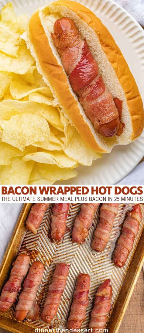 Baked hot dogs make the ultimate classic summer meal wrapped in slices of bacon and baked, they're ready to eat in 25 minutes. #hotdogs #summermeals #bbq #bacon #baconwrapped #barbecue #bakedhotdog #baconwrappedhotdog #dinner #easy #dinnerthendessert Friday Dinners, Bacon Hot Dogs, Baked Hot Dogs, Bacon Wrapped Hotdogs, Wrapped Hot Dogs, Crispy Sweet Potato Fries, Dinner Then Dessert, Crispy Sweet Potato, Bacon On The Grill