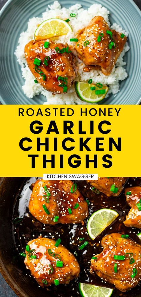 Honey garlic chicken thighs are oven-roasted and tossed in a sweet and savory sauce made with honey, garlic, sesame oil, sriracha, and fresh lime juice. It’s super easy to make and can be made in a single cast iron skillet or oven-safe pan. Served over jasmine rice, this dish is a really simple and delicious Asian-inspired recipe that’s perfect for lazy weeknight cooking. Christmas Main Course Recipes, Garlic Chicken Thighs, Jasmine Rice Recipes, Honey Garlic Chicken Thighs, Favorite Recipes Chicken, Chicken Main Dishes, Honey Garlic Chicken, Honey Recipes, Best Chicken Recipes