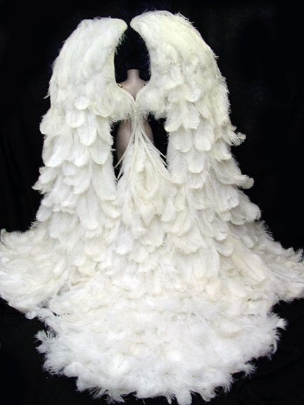 Angel Wings Victoria Secret, Victoria's Secret Angel Wings, Diy Angel Wings Costume Tutorials, Angel Wings Outfit, Angel Dress Gowns, Biblically Accurate Angel Costume, Dresses With Wings, White Angel Dress, Wing Outfit