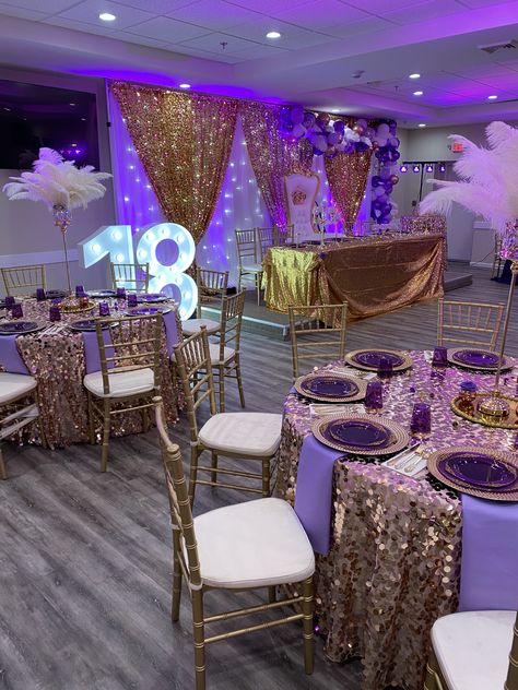 Purple Gold Sweet 16, Royalty Theme Party Decoration, Purple And Gold Sweet 16, Purple And Gold Party Decorations, Royalty Theme Party, Tangled Quince, Debut Decorations, Gold Quinceanera Theme, Purple Sweet 16