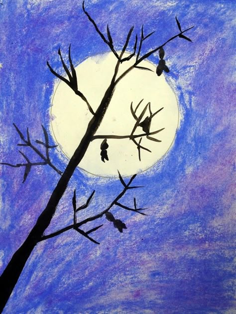 This tree silhouette art is a multimedia project using chalk pastel and tempera cake paint. Pastel Projects, Halloween Art Projects, Chalk Pastel Art, 2nd Grade Art, Fall Art Projects, 4th Grade Art, Art Projects For Kids, Classroom Art Projects, Pastel Sec