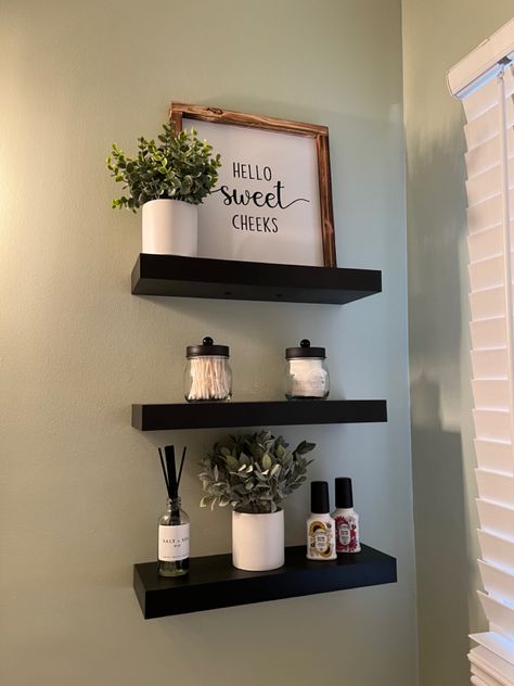 Black Bathroom Decorations, Black Shelves In Bathroom Above Toilet, Black Bathroom Shelf Decor, Bathroom Shelves Over Toilet Black, Black Bathroom Shelves Over Toilet, Half Bathroom Decor Black, Black Shelves Above Toilet, Bathroom Wall Shelf Ideas Above Toilet, Bathroom Shelves Black