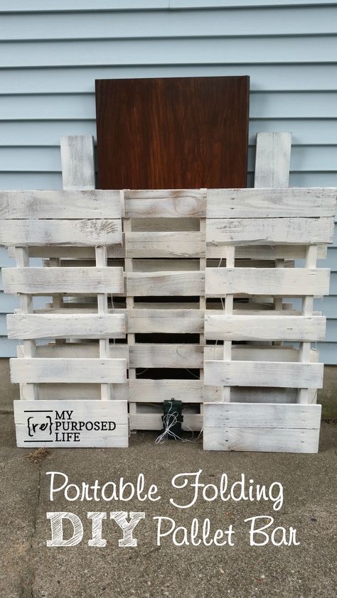 Not just a DIY pallet bar, but a portable folding pallet bar for destination weddings, reunions, even tailgating. Move it to the front yard Lemonade Sales! Diy Pallet Bar, Bar Furniture For Sale, Pallet Bar Diy, Wood Bar Cart, Outside Bars, Pallet Bar, Used Pallets, Portable Bar, Bar Inspiration