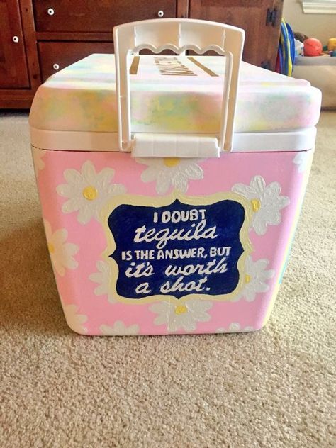 tequila shot floral cooler Girly Cricut Ideas, Girly Painted Cooler, Sorority Cooler Ideas, Girly Cooler Painting, Painted Coolers For Girls Ideas, Painting Cooler Ideas, Cooler Painting Ideas, Floral Cooler, Formal Coolers