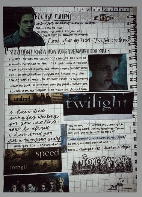 Twilight Journal Ideas, Book Journal Inspiration, Twilight Journal, Twilight Edward Cullen, Twilight Edward, Calendar Journal, Twilight Film, Journal 3, Bullet Journal Design Ideas