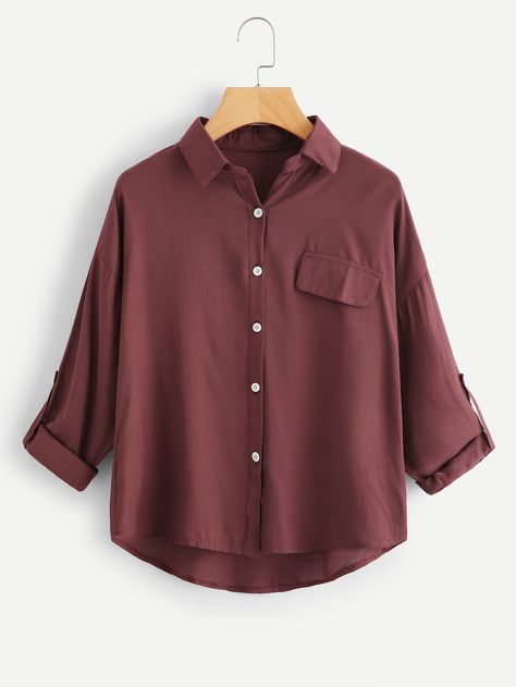 Pocket Decoration Solid Blouse -SheIn(Sheinside) Dip Hem Shirts, Dip Hem Blouse, Fashion Tops Blouse, Hem Blouse, Women Blouses, Plain Shirts, Spring Shirts, Blouse Online, Fashion Tops