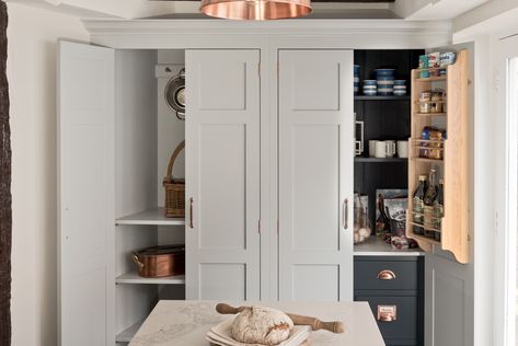 https://www.charliekingham.co.uk/2019/09/09/our-handmade-bespoke-larder-cupboard-designs/ Kitchen Shaker Cabinets, Inside Cupboard, Shaker Pantry, Larder Pantry, Kitchen Shaker, Beautiful Pantry, Kitchen Triangle, Wood Spice Rack, Larder Cupboard