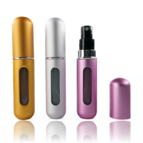 This Portable Refillable Atomizer’s exterior is made of high-quality aluminum, and interior is made of durable plastic. It has an innovative design with a valve at the bottom, which makes it easy to refill – just insert the nozzle of your perfume bottle (after taking the cap off) into the valve then pump up and down until it is full, which will show on the built-in window. It can be used with any bottle that has a removable nozzle. This airplane os safe/TSA approved. Perfume Storage, Refillable Perfume Bottle, Travel Perfume, Perfume Atomizer, Cosmetic Containers, Refillable Bottles, Travel Bottles, Aftershave, Signature Scent