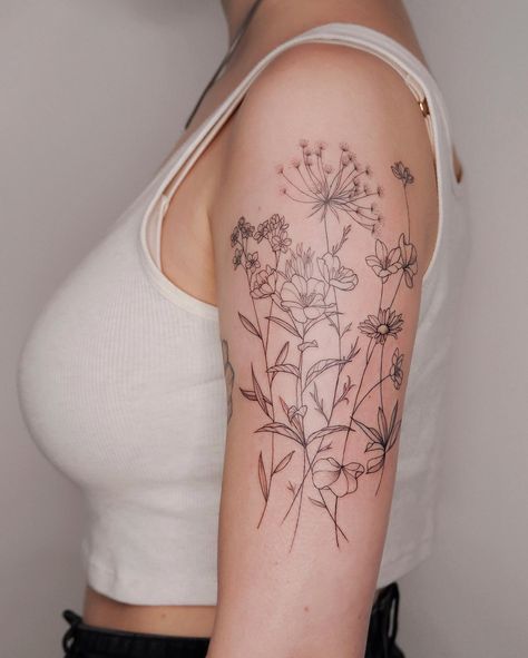 Wildflower Drawing, Rose Shoulder Tattoo, Tattoos To Cover Scars, Wildflower Tattoo, Flower Tattoo Shoulder, Flower Tattoo Arm, Intricate Tattoo, Flower Tattoo Sleeve, Feminine Tattoo