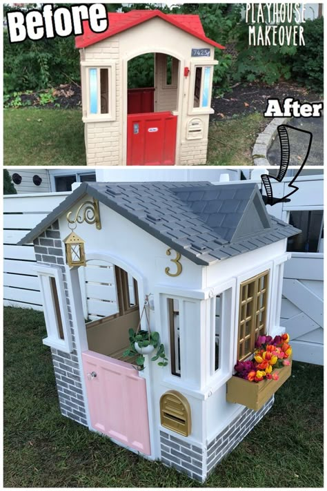 DIY Playhouse Makeover BEFORE and AFTER | Little Tikes Playhouse Little Tikes Playhouse Makeover, Plastic Playhouse, Playhouse Makeover, Dollhouse Makeover, Outdoor Playhouse, Diy Playhouse, Backyard Kids Play Area, Diy Playground, Playhouse Outdoor