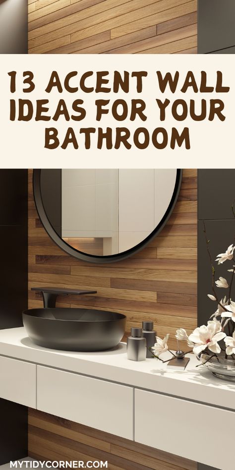 A bathroom and text overlay about accent wall ideas for bathroom. Hallway Half Bathroom Ideas, Bathroom Mirror Accent Wall, Wood Wall Paneling Bathroom, Wooden Wall Bathroom Ideas, Wooden Slats Bathroom, Wood Panel Bathroom Ideas, Small Bathroom Wall Paneling Ideas, B Board Walls Bathroom, Peel And Stick Shower Wall Tile Ideas