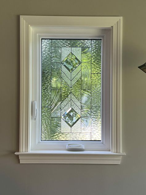 Tinted Bathroom Window, Stained Glass Dormer Windows, Stained Glass Windows In Bathroom, Textured Glass Window, Stained Glass Window Bathroom, Clear Stained Glass Window, Small Stained Glass Windows, Backdoor Decor, Stained Glass Bathroom Window