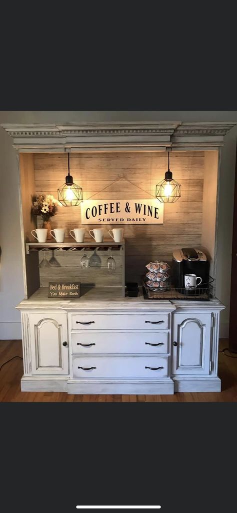 Hutch Makeover Coffee Bar, Coffee Hutch Ideas, Coffee Bar Hutch Ideas, Diy Hutch Makeover, Hutch Coffee Bar, Wine Hutch, Coffee Bar Hutch, Repurposed Hutch, Wine And Coffee Bar