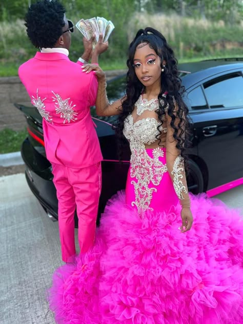 Two Color Prom Dress, Orang Prom Dresses, Hot Pink Prom Dress Couple Black, Pink Prom Dresses Black People, Pink Prom Ideas Black Couples, Pink Prom Ideas Couples, Cute Prom Colors For Black Couples, 90s Theme Prom Dress, Cute Prom Outfits Couples