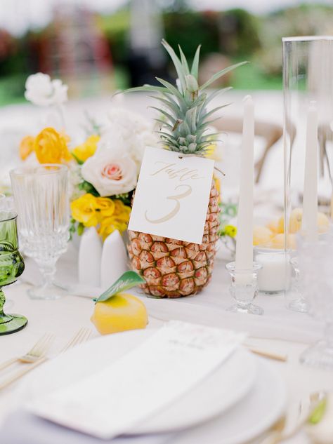 Pineapple Table Decor, Yellow Tropical Wedding, Tropical Fruit Wedding Decor, Tropical Wedding Table Numbers, Pineapple Wedding Decor, Pineapple Wedding, Martha Weddings, Sf Wedding, Vancouver Wedding