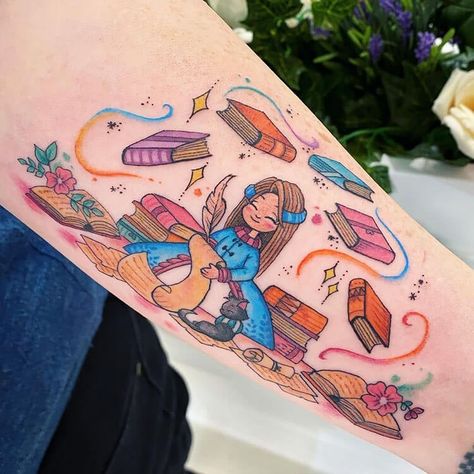 girl surrounded by books colorful Forearm Tattoo Women Books, Dragon Reading A Book Tattoo, Reading Rainbow Tattoo, Colorful Book Tattoos, Book Tattoo Ideas For Women, Book Tattoo Ideas, Reading Tattoo, Book Lover Tattoo, Go Tattoo