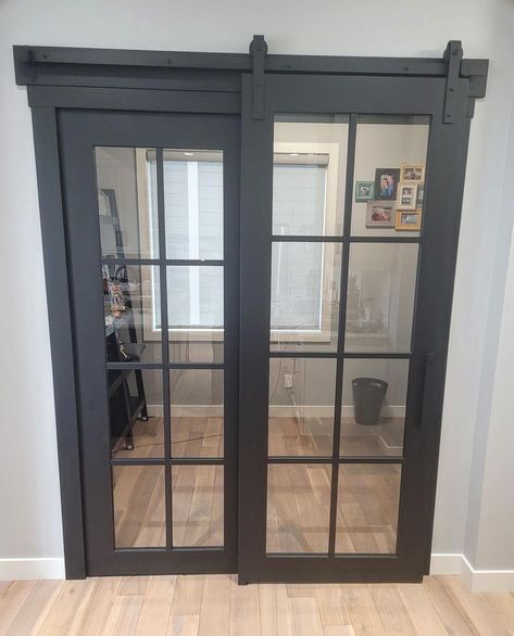 Twist on an office door set up from two swing doors to one stationary sidelight and a barndoor installed this past week! Before photo at the end! #woodwork #hgtv #modernrustic #build #create #design #home #house #interiordesign #yyc #yeg #ymm #barndoor Home Office Doors, Door Sidelights, Office Doors, Creek House, Room 2023, Basement Living, Basement Living Rooms, Small Space Office, Office Door