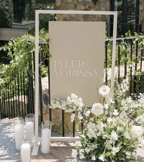 Floor arrangement that frames the sign in the bottom corner Welcome Sign Arrangement, Signing Table Flowers, Wedding Entrance Table, Wedding Entrance Sign, Entrance Signage, Portfolio Creative, Halloween Themed Wedding, Wedding Entrance Decor, Candle Wedding Centerpieces