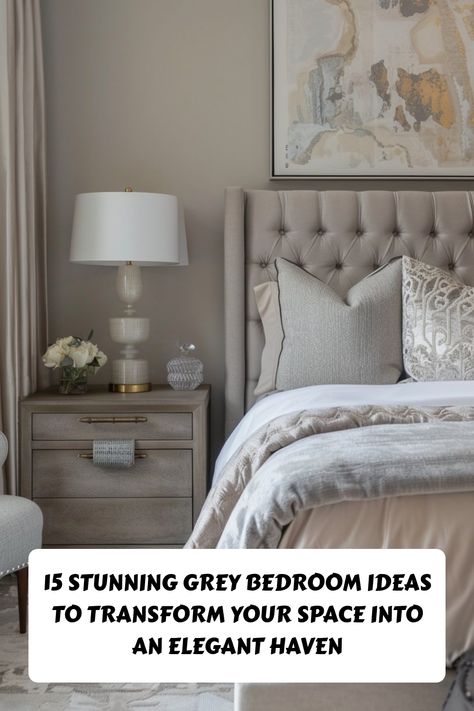 Bedding Ideas With Gray Headboard, Grey And Taupe Bedroom Ideas, Light Grey Bedding Ideas, Grey Upholstered Bed Bedroom Ideas, Grey Bedroom Furniture Ideas, Grey Wall Bedroom Ideas, Elegant Grey Bedroom, Light Grey Upholstered Bed, Gray Bed Frame Bedroom Ideas