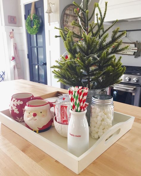 Hot cocoa anyone? ☕️ Hot Cocoa Centerpiece, Hot Cocoa Tray, Hot Beverage Station, Christmas Tray Decor, Cocoa Station, Christmas Cocoa, Beverage Station, Holiday Hack, Thrifty Decor Chick