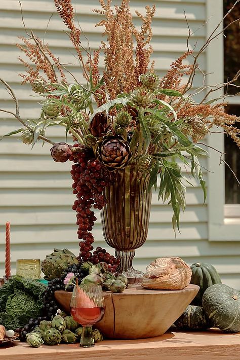 Thanksgiving Table | Terrain Turkey Vase Centerpiece, Art Deco Flower Arrangements, Large Fall Floral Arrangements, Fall Arrangements Floral Design, Fall Vase Arrangements, Tall Vase Flower Arrangements, Thanksgiving Flower Centerpieces, Branches In Vase, Autumn Floral Arrangements