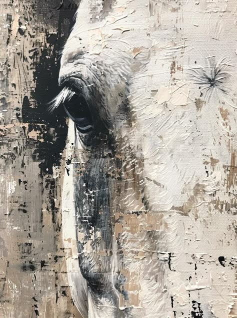 This abstract and textured painting depicts a close-up of a horse's head. The horse is primarily white with subtle shades of gray and brown, and the artist has used thick impasto techniques to create a sense of depth and texture. The focus is on the horse's eye, which is large and expressive. The overall mood of the painting is serene and contemplative. Textured Horse Painting, Art Horses Painting, Horse Eye Painting, Abstract Painting Animals, Easy Horse Painting, Horse Abstract Painting, Horse Painting Ideas, Contemporary Horse Paintings, Equine Art Abstract