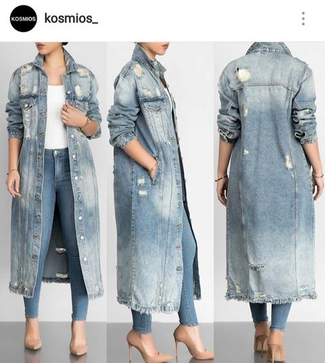 Long Distressed Denim Jacket, Long Denim Jacket, Jean Jacket Outfits, Denim Trench Coat, Dress With Jean Jacket, Coat Outfit, Distressed Denim Jacket, Blue Denim Jacket, Denim Details