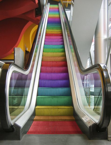 rainbow escalator (1433×1865) Stairs Railing, Railing Ideas, Rainbow Connection, Basement Stairs, Art Rainbow, Rainbow Bright, Lgbt Art, Rainbow Aesthetic, Montage Photo