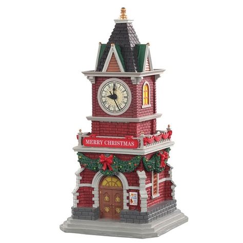 Merry Christmas Signs, Christmas Village Decorations, Wooden Door Entrance, Big Clocks, Shingle Roof, Big Clock, Lemax Christmas Village, Lemax Village, Lemax Christmas