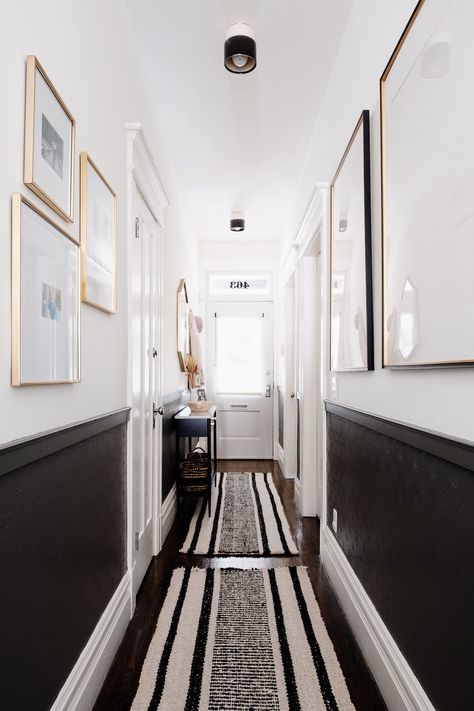 Space of the Week: A Narrow Entryway Now Has as Much Personality as Its San Francisco Neighborhood Long Narrow Hallway Ideas, Entry Hallway Ideas, Black And White Hallway, Long Narrow Hallway, White Foyer, Hallway Makeover, Narrow Hallway Ideas, Narrow Entryway, Narrow Hallway Decorating