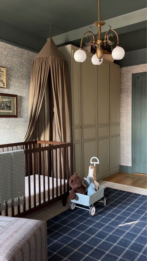 Green Baby Nursery, Vintage Nursery Boy, Vintage Baby Rooms, Dark Nursery, Brown Crib, Pretty In The Pines, Brown Nursery, Vintage Baby Nursery, Carolina House