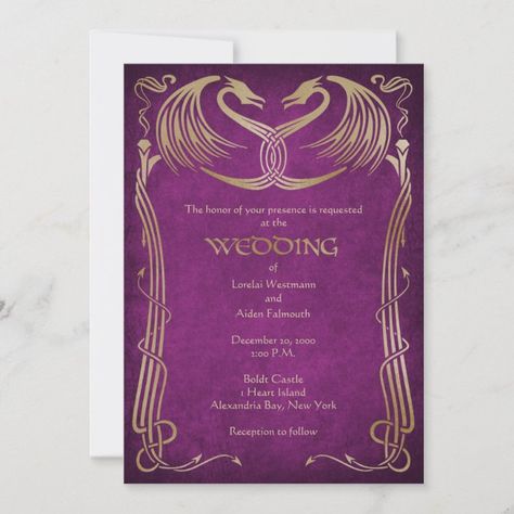 Dragon Medieval Fantasy Gold Purple Invitation - tap/click to personalize and buy #dragon, #medieval, #fantasy, #geek, #dnd, Medieval Fantasy Wedding, Celtic Wedding Invitations, Dragon Medieval, Purple Invitation, Dragon Wedding, Purple Invitations, Parchment Background, Medieval Party, Medieval Dragon