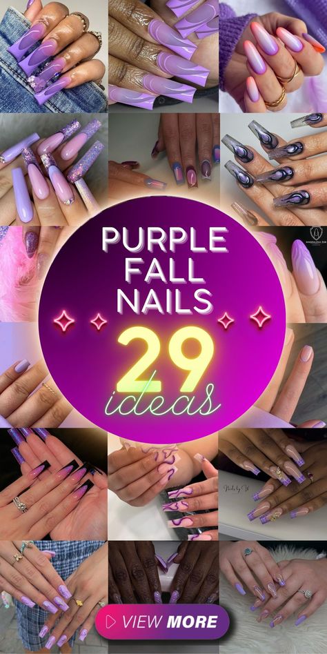 Create stunning autumn looks with purple fall nails and a variety of design ideas. Opt for acrylic short nails in pretty shades like mauve or lilac. Combine purple with light blue or black for a chic aesthetic. Add art designs like glittery accents or pumpkin motifs to capture the essence of the season. Whether you prefer dark and dramatic or cute and playful, these nail ideas will inspire your autumn manicure Purple And Beige Nails, Deep Purple Ombre Nails, Purple Nail Designs Short Nails, Lavender And Purple Nails, November Nails Purple, Purple Thanksgiving Nails, Two Tone Purple Nails, Lilac Purple Nails Acrylic, Pink And Purple Acrylic Nails