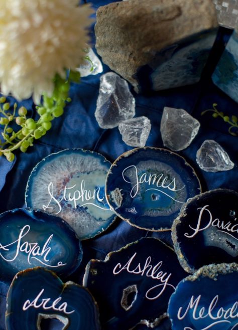 Agate. Geode. Place card. Calligraphy. Wedding. Spiritual Party, Geology Wedding, Celestial Party, Crystal Wedding Theme, Starry Night Wedding Theme, Place Card Calligraphy, Celestial Wedding Theme, Awards Banquet, Card Calligraphy