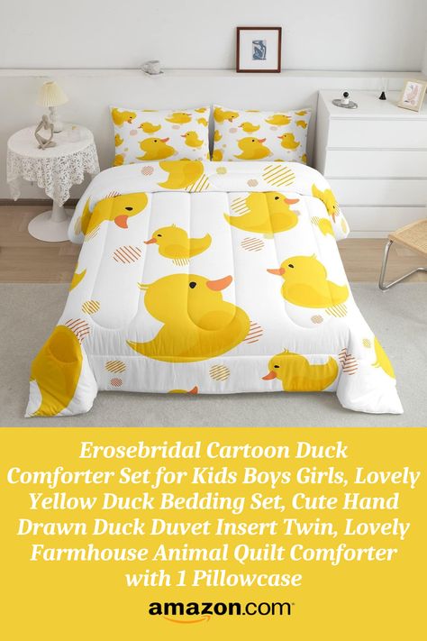 The twin-size comforter and matching pillowcase are machine-washable for easy care.

Shop now and create a cozy and playful sleep haven for your little one!

#duckbedding #kidsbedding #boysbedding #girlsbedding #yellowduck #handdrawn #softmicrofiber #twinsize #machinewashable #farmhouseanimal #quiltcomforter #pillowcase #kidsroomdecor #bedroomdecor #childrensbedroom #comforterset #beddingset #giftforkids Duck Bedroom, Duck Bedding, Dreamy Bedding, Amazon Bedding, Dreamy Bed, Duck Birthday, Quilt Comforter, Little Duck, Boys Bedding