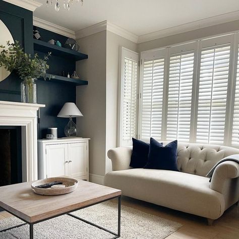 Shutters Interior Window Living Room, Shutters And Curtains Together, Bay Window Lounge, Living Room Knock Through, Window Lounge, Shutters Interior Window, Regency Living Room, Living Room Shutters, Shutters Living Room