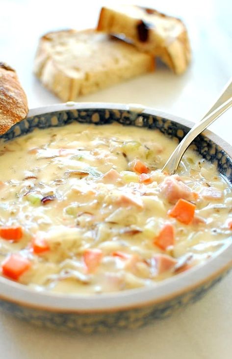 Wild rice soup with ham and cooked vegetables. Ham Wild Rice Soup, Hair Ideas For Winter, Mulled Wine Hair, Minnesota Wild Rice, Soup With Ham, Ham Potato, Cheesy Ham, Rice Soup Recipes, Oscars After Party