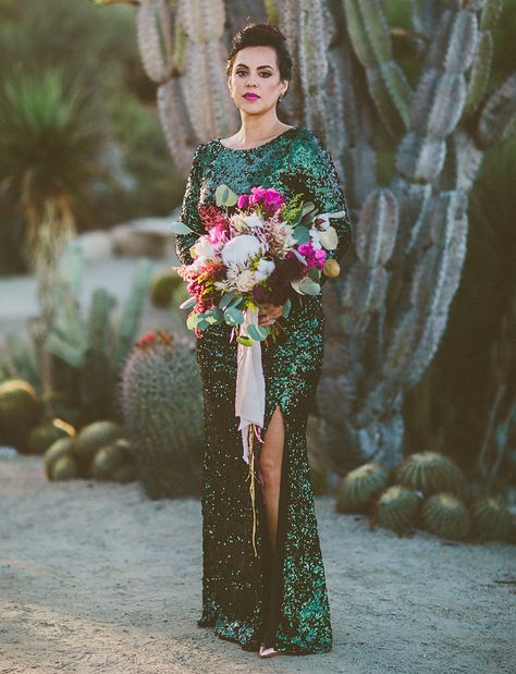 desert wedding/ mid century hotel reception - emerald sequins, fuchsia blooms, and gold marbling details Mid Century Glam, Top Wedding Dress Designers, Second Wedding Dresses, Green Wedding Dresses, Pink Wedding Dresses, Preowned Wedding Dresses, Emerald Wedding, Wedding Boho, Wedding Dresses For Sale