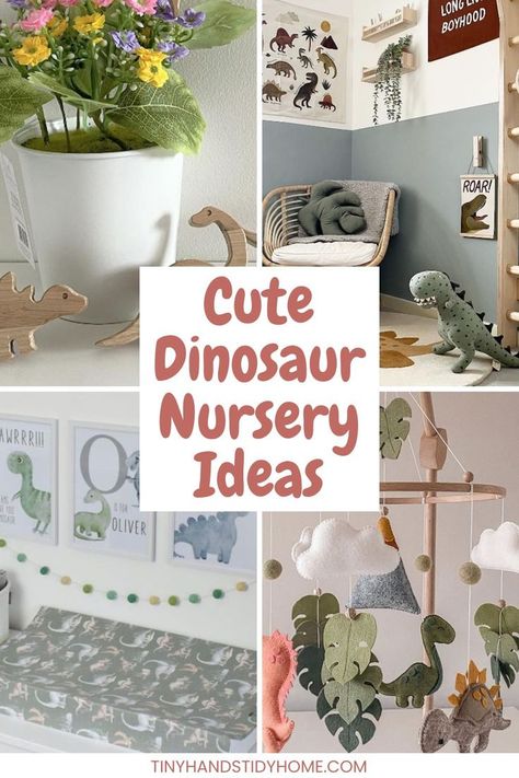 Collage of dinosaur themed nursery ideas. The text over the image reads, "cute dinosaur nursery ideas". Neutral Dinosaur Nursery, Dinosaur Nursery Ideas, Nursery Theme Gender Neutral, Themed Nursery Ideas, Dinosaur Themed Nursery, Dinosaur Baby Room, Dinosaur Nursery Theme, Nursery Color Scheme, Dinosaur Nursery Decor