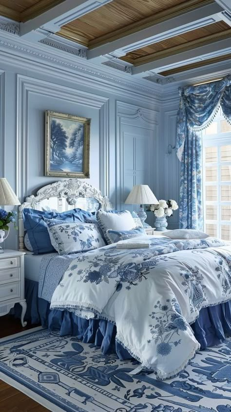 French Blue Bedroom, Bedroom Blue And White, White And Blue Bedroom, Blue And White Bedroom Ideas, Blue White Bedroom, Blue And White Bedding, Blue And White Bedroom, Blue Bedrooms, White Bedroom Ideas