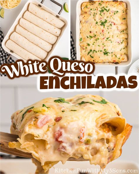 Chicken Enchiladas With White Cream Sauce, White Cheese Sauce For Enchiladas, Cheese Enchiladas With Queso Sauce, Queso Sauce For Enchiladas, Cheese Enchilada Recipe With Queso, Chicken Enchiladas With Cheese Sauce, Recipes Using Velveeta Queso Blanco, Queso Chicken Burritos, Chicken Enchiladas With Heavy Cream