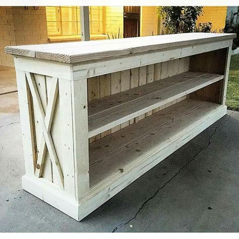 This entertainment center! Diy Credenza Plans, Diy Credenza, Barn Door Tv Console, Farmhouse Furniture Plans, Banquette Seating Diy, Entertainment Center Diy, Diy Farmhouse Desk, Farmhouse Furniture Diy, Farmhouse Tv Console